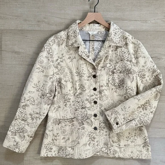 J JILL XL VTG Jacquard Hemp Cotton Button Front Collared Jacket • Ivory Beige - Picture 4 of 12